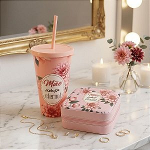 Kit Presenteável Copo com Canudo e Tampa e Mini Porta Joias Portátil - Mãe Amor Eterno - 1 unidade - Rizzo