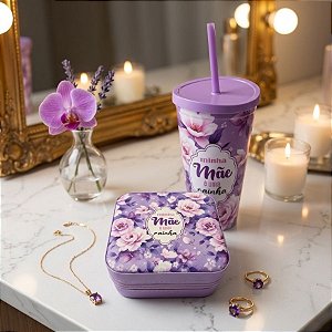 Kit Presenteável Copo com Canudo e Tampa e Mini Porta Joias Portátil - Minha Mãe é Uma Rainha - 1 unidade - Rizzo