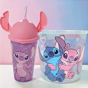 Kit Cinema - Balde de Pipoca e Copo com Canudo - Angel e Stitch - Disney Original - 1 unidade - Plasútil - Rizzo
