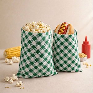 Saquinho para Pipoca e Hot Dog Chita Xadrez - Verde - 15,5x11cm - 5 unidades - Rizzo