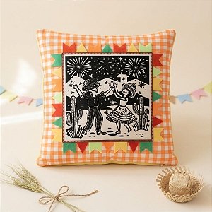 Capa Para Almofada De Festa Junina - Casal Caipira - Laranja Xadrez - 43cm - 1 unidade - Rizzo