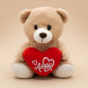 Urso de Pelúcia com Coração Amor - Bege Claro - 17x21x12cm - 1 unidade - Rizzo