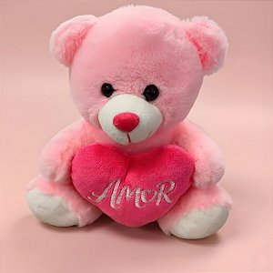 Urso de Pelúcia com Coração Amor - Rosa - 17x21x12cm - 1 unidade - Rizzo