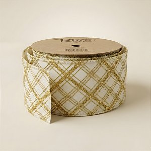 Fita Aramada Decorativa de Natal - Branco e Glitter Dourado - 6,3cm x 9,14m - 1 unidade - Rizzo