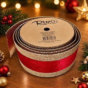 Fita Aramada Decorativa de Natal - Trilho Vermelho com Borda Dourada - 6,3cm x 9,14m - 1 unidade - Rizzo