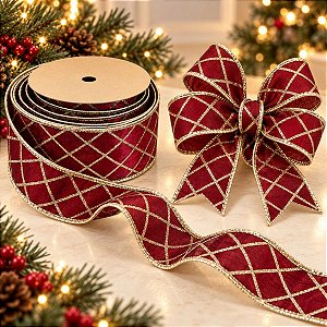Fita Aramada Decorativa de Natal - Quadriculado Vermelho Escuro e Ouro - 6,3cm x 9,14m - 1 unidade - Rizzo