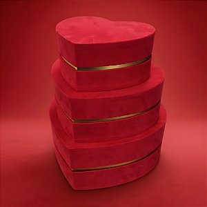 Kit Caixa Papel Rígido Coração Vermelho Veludo e Dourado - 3 unidades - Rizzo