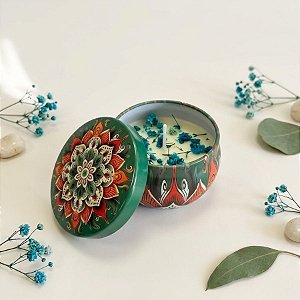 Vela Aromática - Lata Metalizada Mandala - Verde e Laranja - 6cm - 1 unidade - Rizzo