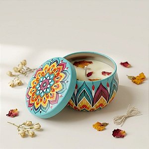 Vela Aromática - Lata Metalizada Mandala - Verde Água e Colorido - 6cm - 1 unidade - Rizzo