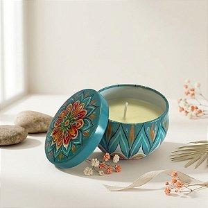 Vela Aromática - Lata Metálica Mandala - Verde Água Escuro - 6cm - 1 unidade - Rizzo