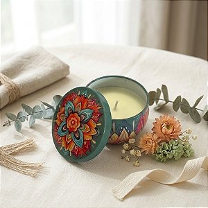 Vela Aromática - Lata Metálica Mandala - Verde Musgo - 6cm - 1 unidade - Rizzo