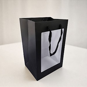 Sacola de Papel com visor PVC 30x20x16cm - Preta - 1 unidade - Rizzo