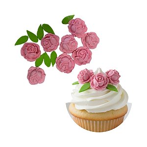 Confeito de Açúcar - Rosas Lolita Rosa Pastel com Folhas - 16 unidades - Abelha Confeiteira - Rizzo