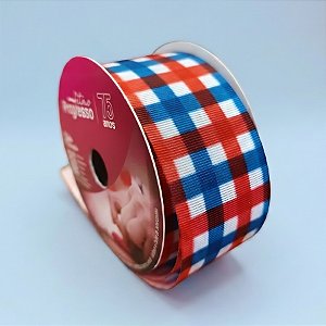 Fita de Cetim 38mm x 10m - Festa Junina Xadrez Azul e Vermelho - EGP009TR Cor 375 - Rolo 10m - 1 unidade - Progresso - R