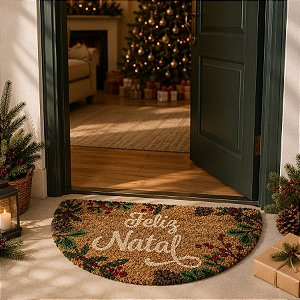 Capacho de Fibra - Feliz Natal - Branco - 60cm - 1 unidade - Rizzo