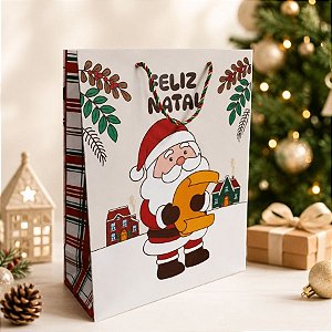Sacola de Papel de Natal - Feliz Natal - Bege - 27cm - 1 unidade - Rizzo