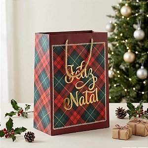 Sacola de Papel de Natal - Feliz Natal Detalhes Vermelhos - 37cm - 1 unidade - Rizzo