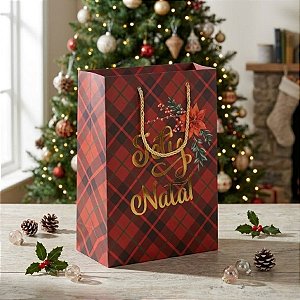 Sacola de Papel de Natal - Feliz Natal Detalhes Vermelhos - 27cm - 1 unidade - Rizzo