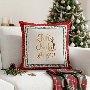 Capa Para Almofada de Natal - Feliz Natal Com Amor - Vermelho - 43cm - 1 unidade - Rizzo