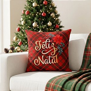 Capa Para Almofada de Natal - Feliz Natal - Detalhes Vermelhos - 43cm - 1 unidade - Rizzo