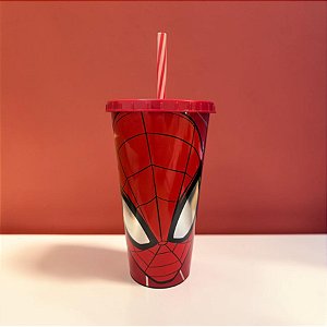 Copo de Plástico com Tampa e Canudo - Homem Aranha - Vermelho - 700ml - 1 unidade - Plasútil - Rizzo