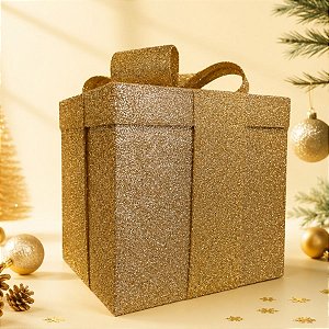 Caixa de Presente Decorativa para Cenário - Dourado Glitter - 35cm - 1 unidade - Rizzo