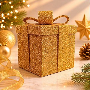 Caixa de Presente Decorativa para Cenário - Dourado Glitter - 25cm - 1 unidade - Rizzo