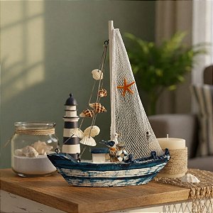 Enfeite Decorativo de Resina - Veleiro - Azul e Branco - 14x20cm - 1 unidade - Rizzo