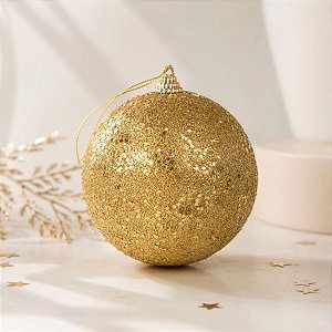 Bola de Natal - Trabalhada Dourado com Gliter e Lantejoulas - 8cm - 6 unidades - Cromus - Rizzo