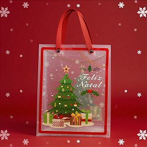 Sacola Transparente Fosca Com Alça De Fibra Vermelha - Árvore de Natal - 25x20x7cm - 12 unidades - Rizzo