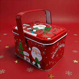 Lata de Metal Retangular Com Alça de Natal - Papai Noel e Amigos - 6x10,5x8cm  - 1 unidade - Rizzo