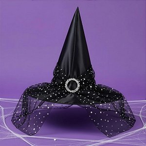 Chapéu de Bruxa Preto com Fivela e Tule Estrelado - 37x33cm - 1 unidade - Rizzo