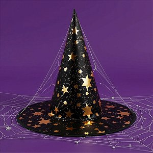 Chapéu de Bruxa Preto com Estrelas Douradas - 38x34cm - 1 unidade - Rizzo