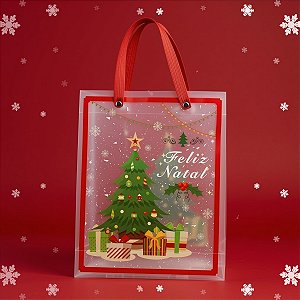 Sacola Transparente Fosca Com Alça De Fibra Vermelha - Árvore de Natal - 25x20x7cm - 1 unidade - Rizzo