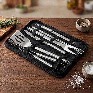 Kit De Churrasco Com 8 Peças em Aço Inox Com Estojo - 1 unidade - Rizzo