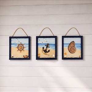 Enfeite Decorativo Para Pendurar - Quadros Náuticos de Madeira - 20x20cm - 3 unidades - Rizzo