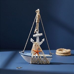 Enfeite Decorativo de Madeira - Barco Decorativo com Estrela do Mar e Âncora - 15x10cm - 1 unidade - Rizzo