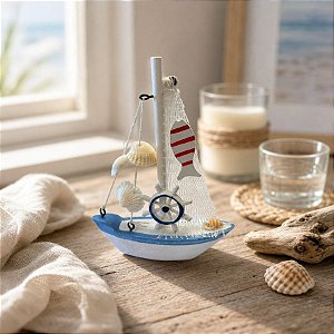 Enfeite Decorativo de Madeira - Barco Decorativo com Conchas e Timão - 15x11cm - 1 unidade - Rizzo