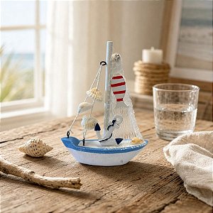 Enfeite Decorativo de Madeira - Barco Decorativo com Conchas e Âncora - 15x11cm - 1 unidade - Rizzo