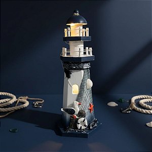 Enfeite Decorativo de Madeira com Luz - Farol Náutico com Gaivota - 28x11,5cm - 1 unidade - Rizzo