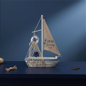 Enfeite Decorativo de Madeira - Barco com Timão - 30x21x7,5cm - 1 unidade - Rizzo