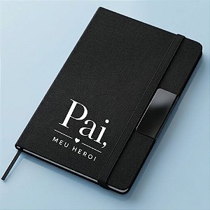 Caderno de Anotações em Tecido e Metal Personalizado Pai Herói - Preto - 21,5x14,5cm - 1 unidade - Rizzo