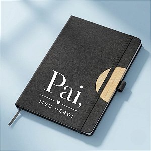 Caderno de Anotações em Tecido e Bambu Personalizado Pai Herói - Preto - 21,5x14,5cm - 1 unidade - Rizzo