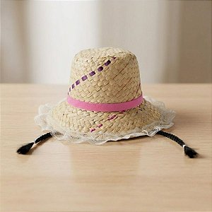 Chapéu de Palha de Renda com Trança - Renda Branca com Laço Rosa - 19x30cm - 1 unidade - Rizzo