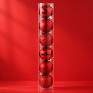 Bola de Natal em Tubo - Brilho, Fosco e Glitter - Vermelho - 10cm - 6 unidades - Cromus - Rizzo