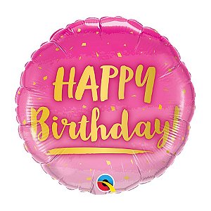 Balão de Festa Bubble 18" - Happy Birthday Ouro e Rosa- 01 Unidade - Qualatex - Rizzo Balões