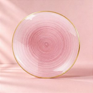 Prato Refeição Redondo Descartável Premium - Rosa e Borda Dourada - 25,5cm - 6 unidades - Rizzo