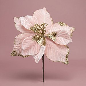 Poinsétia Decorativa - Veludo Rosa e Glitter Dourado - 24cm - 1 unidade - Rizzo