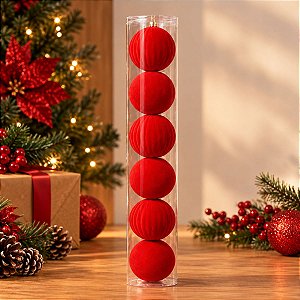 Bolas de Natal em Tubo - Vermelho - Veludo, Lisa e Gomo - 8cm - 6 unidades - Cromus - Rizzo