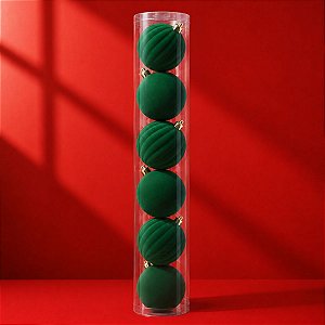 Bolas de Natal em Tubo - Verde - Veludo, Lisa e Gomo - 10cm - 6 unidades - Cromus - Rizzo